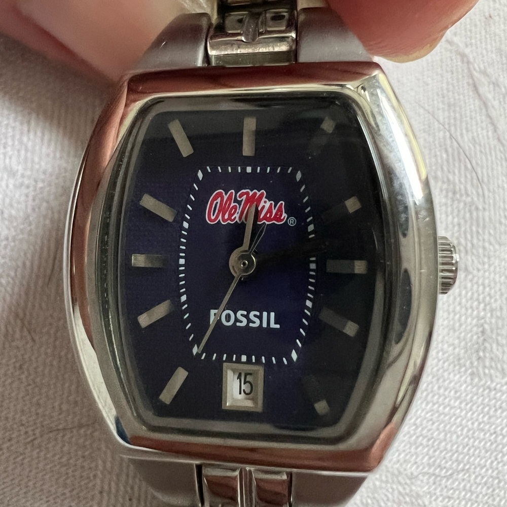 Fossil Silver Watch with Navy Dial Ole Miss
